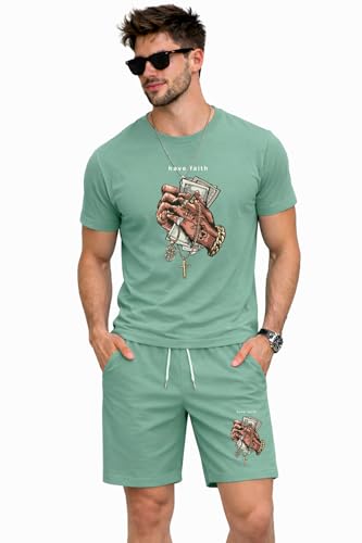 Image of JUGULAR Men's Cotton Blend Graphic Print Co-ord Set, White T-Shirt and Shorts with Side Pockets, Short Sleeve Streetwear, 2 Piece