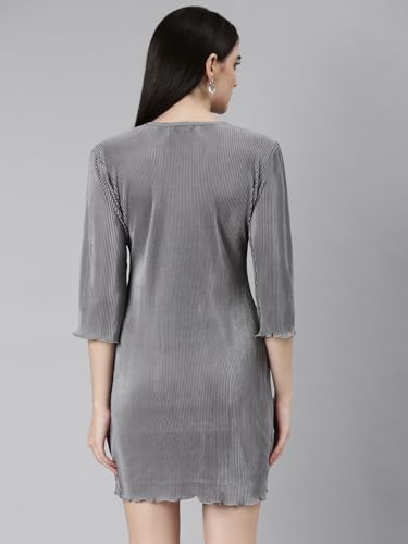 Image of SHOWOFFFF Women Solid Bodycon Casual Dress | Round Neck 3 /4th Sleeves Jersey Dress for Womens | Above Knee Dress for Women's