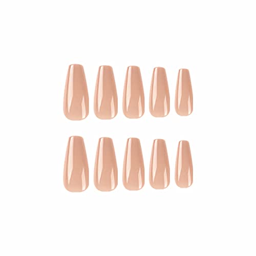 BABALAL Coffin Press on Nails Long Fake Nails Nude Brown Glue on Nails Fall Acrylic Nails 24Pcs Shiny False Nails for Women and Girls