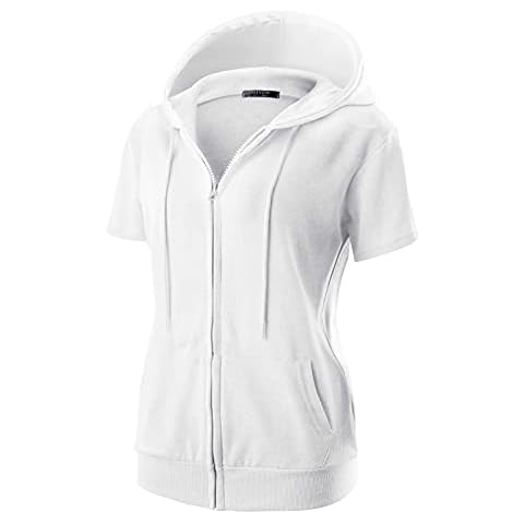 GIVON Womens Comfortable Short Sleeve Lightweight Zip-up Hoodie with Kanga Pocket - white - Large Cover