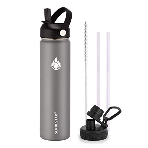 Image of SENDESTAR Stainless Steel Water Bottle, Wide Mouth Water Bottle 24 oz with Straw Lid, Spout Lid, Double Wall Vacuum Insulated Leak Proof, Keeps Liquids Hot or Cold (Graphite)