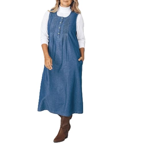 AmeriMark Women's Denim Pintuck Jumper Dress with Adjustable Ties, Button-Front Placket, Side Pockets, 100% Cotton, Machine Washable - Blue - Large