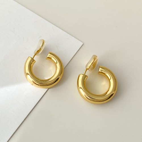 Gold Clip On Hoop Earrings for Women 14K Gold Plated Non Pierced Chunky Tube Clip On Hoops Adjustable No Piercing Fake Earrings3