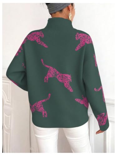 Image of WDIRARA Women's Leopard Tiger Print Sweater High Neck Long Sleeve Fuzzy Knitted Pullover Top