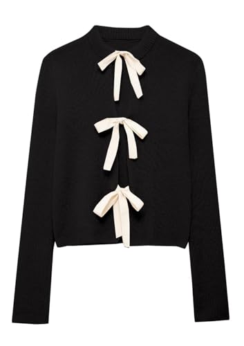 Tie Front Cardigan Sweaters for Women Y2K Bow Tie Open Front Cardigans Crewneck Long Sleeve Sweaters