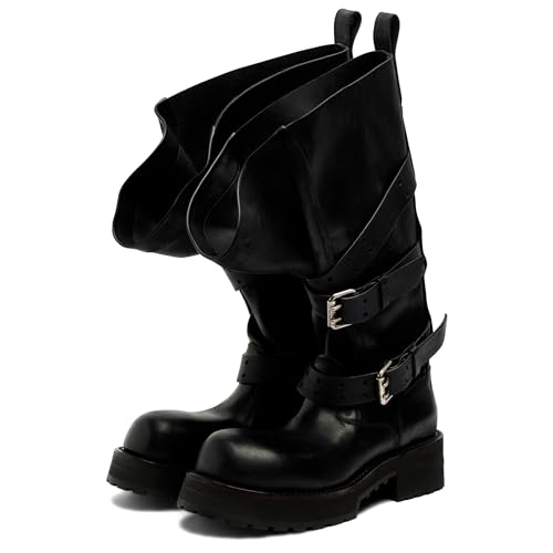 Women's Knee High Boots Slouch Buckle Biker Boots for Women Round Toe Platform Chunky Moto Boots Wide Calf Tall Riding Boots