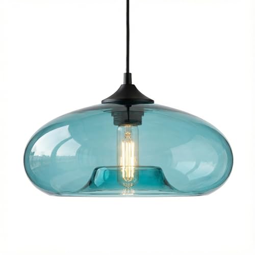 HJXDtech Suspension Luminaire Industriel Vintage avec Abat-Jour en Verre Soufflé 28cm - Lampe Suspendue Plafond E27 pour Cuisine, Salon & Salle à Manger (Bleu)