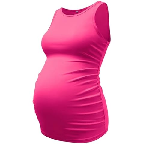 DEBELLY Women's Round Neck Maternity Tank Tops Slim Fitted Rib Cami Shirts Side Pleated Pregnancy Tee Top Summer Lightweight Mama Pullover Vests,Hot Pink,L Cover
