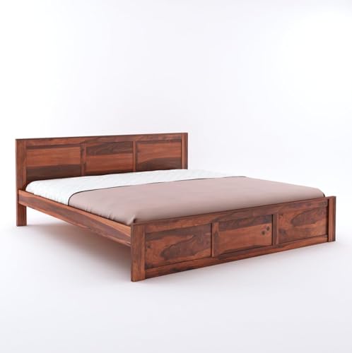 Image of Solid Sheesham Wood King Size Bed Without Storage | Wooden Double Bed Cot Palang with Headboard for Bedroom, Guest Room, Living Room, Hotels and Home (Honey Finish)
