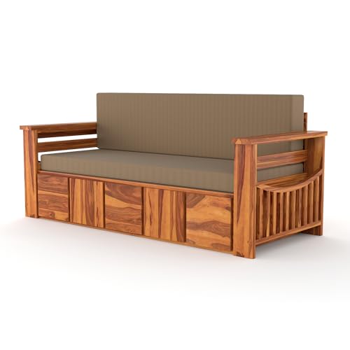 Image of Kunjal Furniture Solid Sheesham Wood Sofa Cum Bed with Storage for Living Room | Natural Finish | 3-Seater Convertible Sofa Bed | Handmade Wooden Furniture