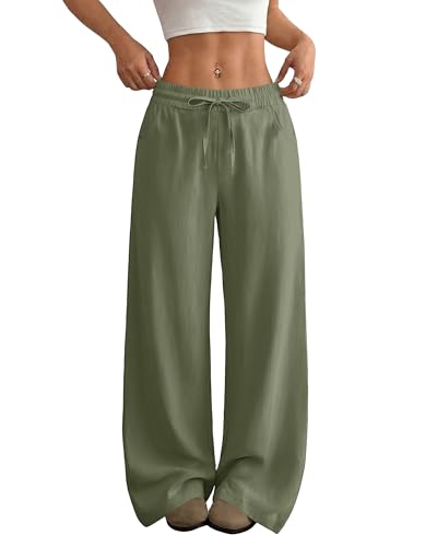 Image of SEMARO Womens Casual Linen Wide Leg Pants Flowy Drawstring High Waist Palazzo Beach Vacation Trousers