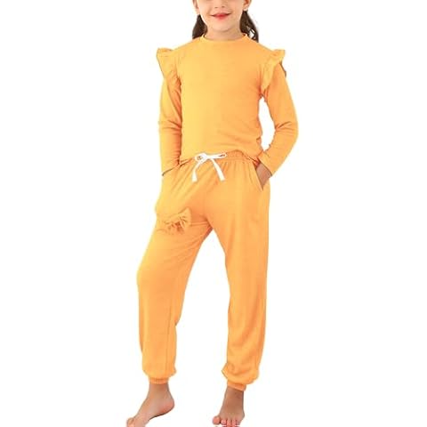 Jimonda Kids Girls Long Sleeve Tops and Pants with Pockets Clothing Set 2 Piece Outfits Tracksuit Outdoor Sweatsuit Sets(Yellow,12-13Years) Cover