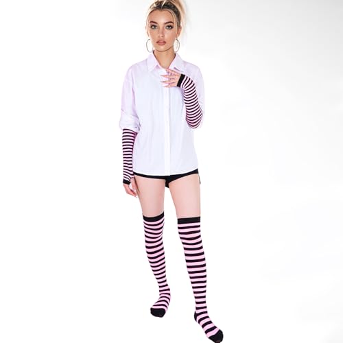 Image of Tongcloud Women's Striped Knee High Socks, Over Knee Thigh High Socks, Arm Warmer and Fingerless Gloves Set