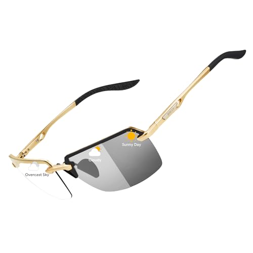Image of BIRCEN Mens Metal Photochromic Sunglasses: UV Protection Al-Mg Sun Glasses Ultra-light Rimless Shades for Driving Cycling