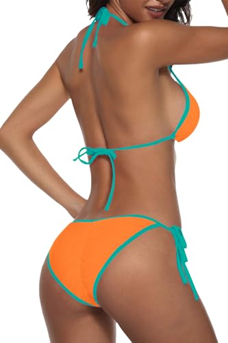 Image of Suvimuga Women Two Piece Swimsuit Color Block Swimwear Halter String Triangle Bikini Sets