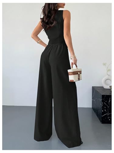 WDIRARA Women's 2 Piece Outfits Button Blazer Vest Wide Leg Pants Set Business Outfits3