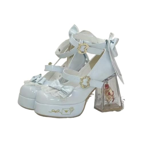 ZQW Clear Heel Mary Jane Pumps for Women Chunky Platform Round Toe Bow Buckle Ankle Strap High Block Heel Lolita Cosplay Kawaii Shoes Party Dressy