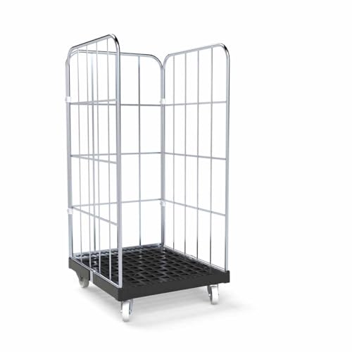 Abrollwerk Rollbehälter 1350 mm Nutzhöhe (500 kg Traglast), Kunstoffplatte schwarz, 3-seitig, Maße 724 x 815 x 1530 mm – robuster Gitterwagen Typ...