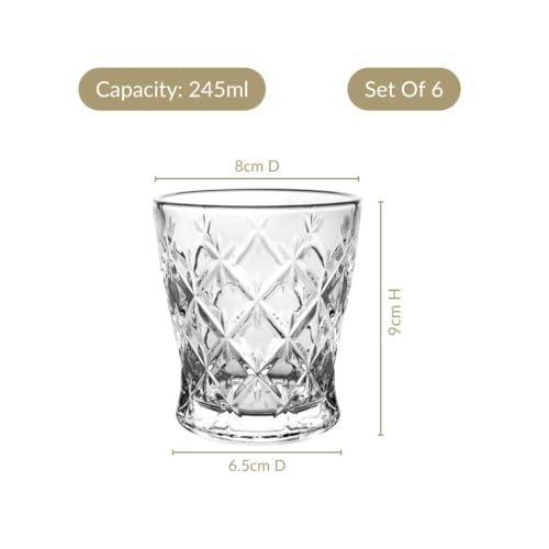 Image of Nestasia Transparent Set of 6 Small Juice Glasses (245 ml Each) - 100% Food Safe & Chip Resistant Diamond Cut Tapering Tumblers - Ideal for Water, Tea, Coffee & Refreshments