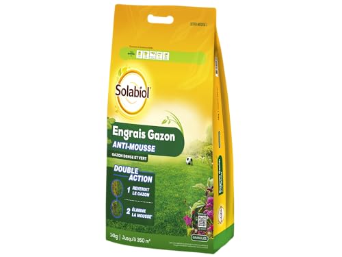 SOLABIOL Engrais Gazon - Sac 14 Kg - Jusqu'à 350m² - Double Action Reverdit Le Gazon & Élimine La Mousse - Formulation En Granulés Limite La Poussière & Facilite...