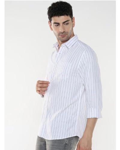 Image of MILDIN Men's Pure Cotton Striped Printed Shirt with Spread Collared Neck Full Sleeve Curved Hemline Button Closure and Regular Fit | Shirt for Man
