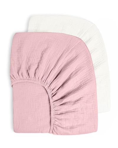 Image of Bearmoss Muslin Crib Sheets 100% Cotton Baby Crib Sheets Fitted for Standard Crib Mattress & Toddler Bed Mattress 52"x28" Soft Breathable Crib Sheets Neutral for Boys Girls - 2 Pack (Strawberry Milk)
