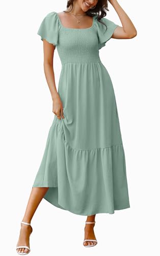 OFEEFAN Summer Dresses for Women Square Neck Ruffle Sleeve Smocked Maxi Dress with Pockets2