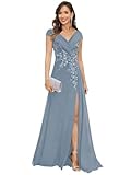 JAEDEN Spitzenapplikation Brautmutterkleider V Ausschnitt Hochzeitsgäste Kleid Elegant Mutter Abenkleider Staubiges Blau 38