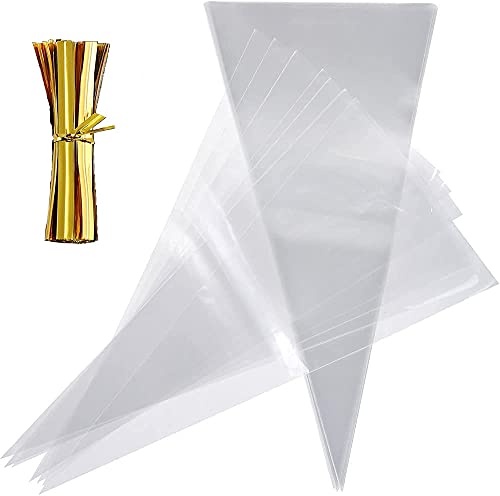 Sacos de celofan, 100 peças sacos de cone de celofane transparente sacos de presente triangulares com laços dourados para doces biscoitos feitos à mão festas festivais de Natal 18 * 30 cm