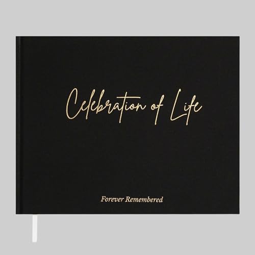 Image of Celebration of Life Black Guest Book - Funeral Guest Book for Memorial Service - Burial Registry Sign in Book - Linen Hardcover & Gold Foil - Keepsake Memory Book for Loved Ones - Black