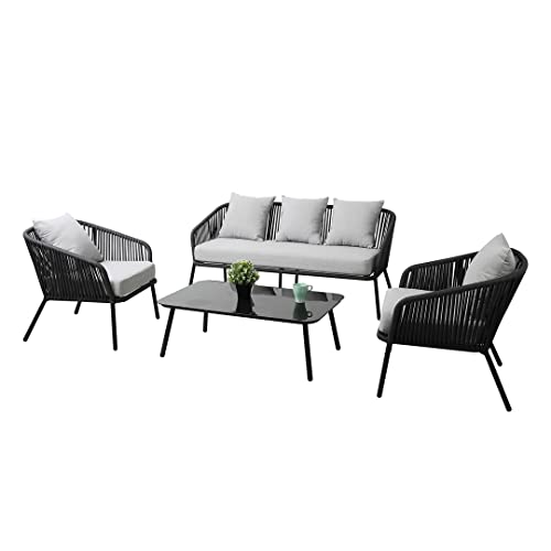 Image of DEVOKO Outdoor Furniture Collection Bistro Set with Cushion 4-Piece Rope Patio Backyard Living Set with Center Table for Garden /Balcony.(Black and Grey Color)