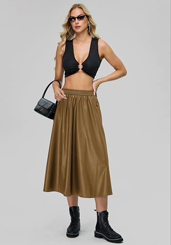 Kisidoo Faux Leather Maxi Long Skirt - High Elastic Waist A-Line Pleated Winter Swing Flare Skirt with Pockets3