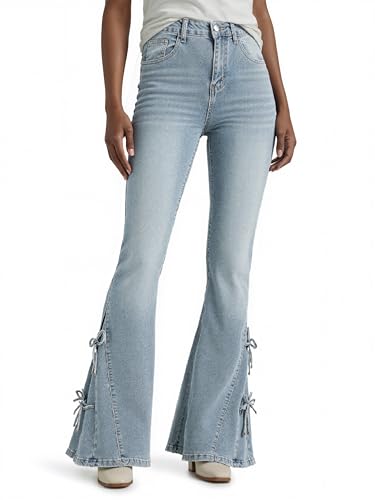 Women Bell Bottom Jeans Lace Up Bow Stretch Flare Denim Pants Cute Y2k Vintage Clothes