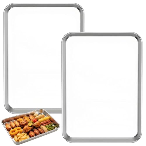 2 Pcs Stainless Steel Baking Trays 26.5cmx20.5cm Traybake Tin for Oven Deep Edge Swiss Roll Tin Mirror Finish & Dishwasher Safe Versatile Small Baking Tray for Cooking and Serving