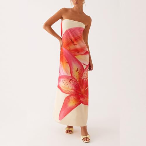 Image of Women Y2k Strapless Maxi Dress Summer Backless Floral Long Tube Dress Off Shoulder Cocktail Party Dress
