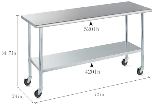 Image of ROCKPOINT Stainless Steel Table for Prep & Work with Caster Wheels 24x72 Inches, NSF Metal Commercial Kitchen Heavy Duty Table with Adjustable Under Shelf and Table Foot for Restaurant, Home and Hotel