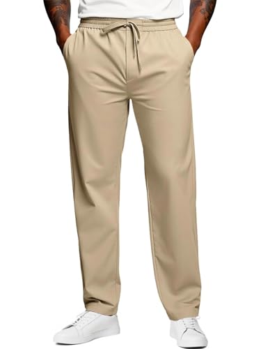 Runcati Mens Stretch Golf Pants Casual Slim Fit Dress Pants Elastic Waist Drawstring Lightweight Trousers Khaki