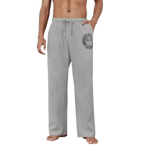 Image of Puimentiua Cotton Linen Pants Men, Summer Beach Pants Loose Fit with Elastic Waist Drawstring