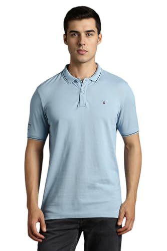 Image of Louis Philippe Men's Slim Fit Single-Tuck Pique Stylized Sleeve Print and Contrast Tipping Half Sleeve Solid Cotton Polo Tshirt