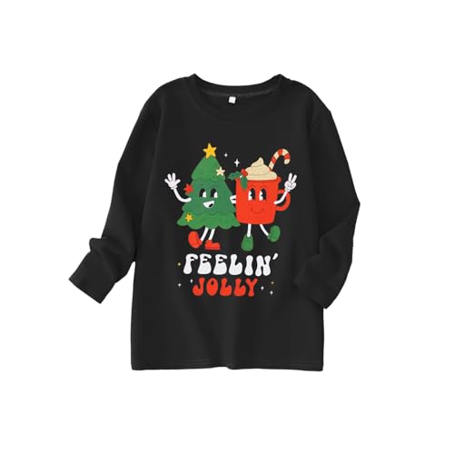 Image of Kids Christmas Shirts Girls Boys Feelin Jolly Long Sleeve T-Shirts Xmas Tree Hot Cocoa Graphic Tee Holiday Fall Tops