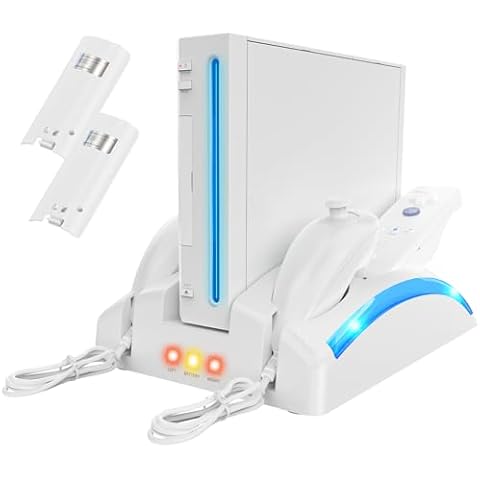 KEKUCULL Game Organizer Station for Wii Remote Charger, Charging Dock Station for Controller, Wii Stand with 2 Pcs Rechargeable Battery for Wii Console Nunchuk Game Accessories Kit Storage Cover