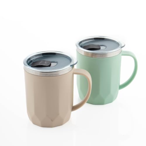Image of MAGIC SPOON Stainless Steel Travel Coffee Mug with Sipper Lid & Handle, Insulated Tea Cup, BPA-Free Double Wall Tumbler for Hot-Cold Beverages, Office, Home, Car- PISTA-BEIGE, (Combo Pack (400ml X 2))