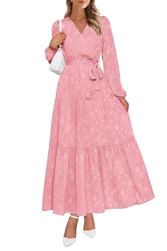 PRETTYGARDEN Womens Spring Long Sleeve Wrap V Neck Ruffle Floral Maxi Dress Casual Tie Waist Boho Chiffon Flowy Long Dresses(Light Pink,Small)