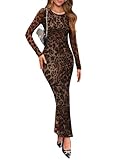 Fall Dresses for Women Sexy Party Club Date Night Vacation Concert Outfits Animal Cheetah Leopard Print Long Sleeve Bodycon Maxi Dress M