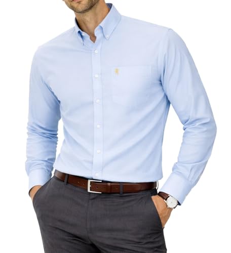 Image of Mens Long Sleeve Oxford Shirt, Button Down Collar & Pocket, Casual Office Work Weekender English Style. The English Oxford by Janeo British Apparel. (Plain Sky Blue, XL)