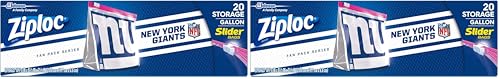 Ziploc Slider Storage Gallon Bag, Great for Grab-and-go Snacking, Tailgating or homegating, 20 Count- NFL New York Giants (Pack of 2)