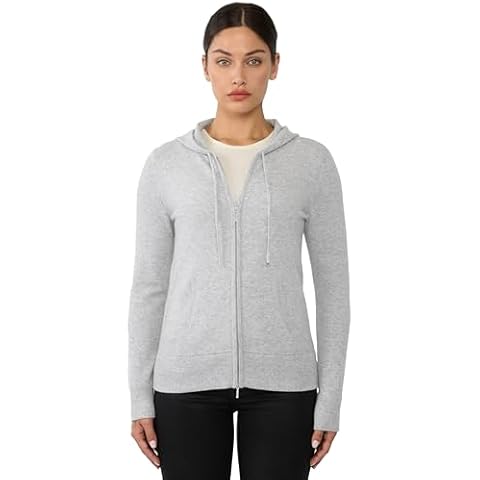 JENNIE LIU Women's 100% Pure Cashmere Long Sleeve Zip Hoodie Cardigan Sweater Cover