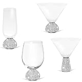 QTKJ Wine Glasses, Martini Glasses, Glass Cups Handmade Studded Rhinestone Base, Elegant Champagne Flutes Wine Glass Cocktail Glasses, Margarita Glasses Set of 4（Silver）