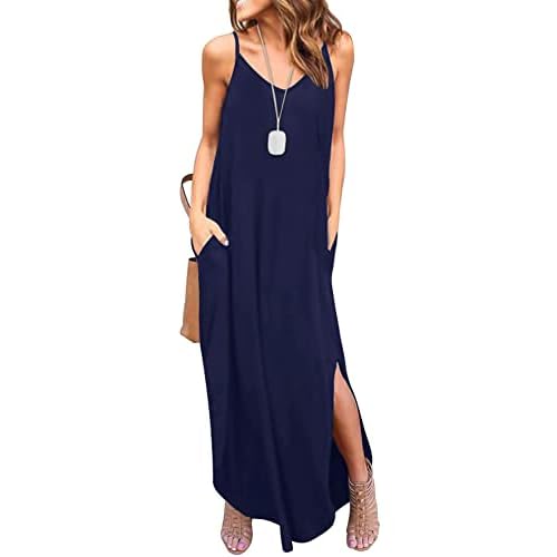 HUSKARY Women's Summer Casual Sleeveless V Neck Strappy Split Loose Dress Beach Cover Up Long Cami Maxi Dresses with Pocket Large Dark Blue