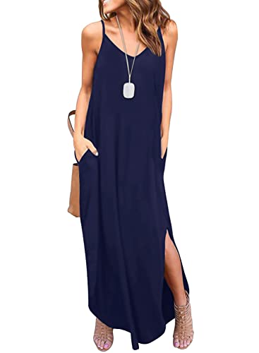 Image of HUSKARY Women's Summer Casual Sleeveless V Neck Strappy Split Loose Dress Beach Cover Up Long Cami Maxi Dresses with Pocket